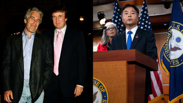 Jeffrey Epstein (left) and Donald Trump (center) together at the Mar-a-Lago estate and Rep. Ted W. Lieu (far right), speaking during a press conference with incoming House Democratic Leadership at the U.S. Capitol.