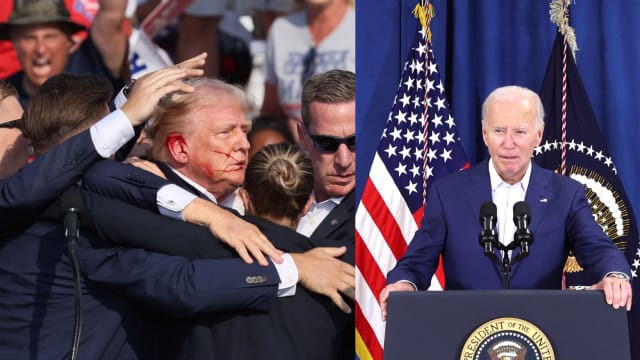 Secret Service agents rush Donald Trump (left) off stage after gunshots reportedly popped off and President Biden (right) responds to the incident in a press conference Saturday.