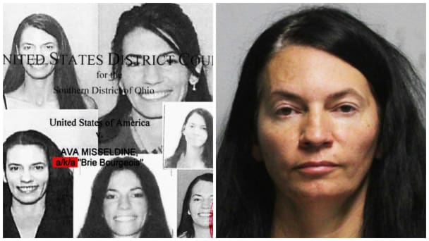 A collage of Ava Misseldine’s passport photos next to her latest mugshot