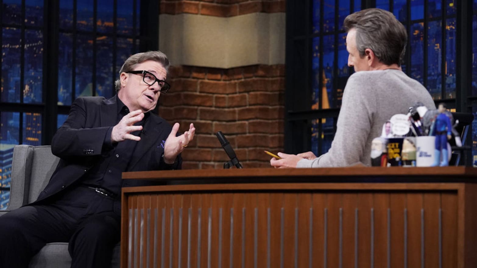 Actor Nathan Lane during an interview with host Seth Meyers