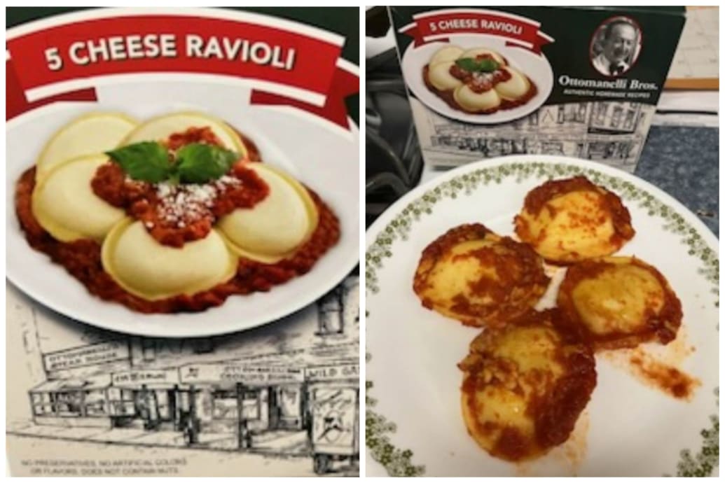 Side view of Ottomanelli ravioli packaging next to a prepared plate, showing only four ravioli.