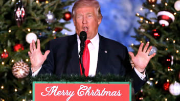 President-elect Donald Trump delivers remarks to cheering supporters in front of a Christmas-themed backdrop at a rally in Orlando, Fla., on Friday, Dec. 16, 2016.