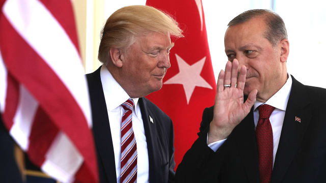 U.S. President Donald Trump (L) welcomes President Recep Tayyip Erdogan (R) of Turkey outside the West Wing of the White House May 16, 2017 in Washington, DC.
