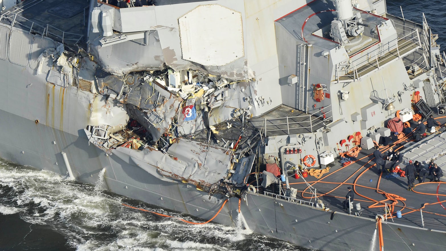 Photo taken in June 2017 shows the U.S. Navy destroyer Fitzgerald after a fatal collision with a Filipino container ship off the Japan coast.