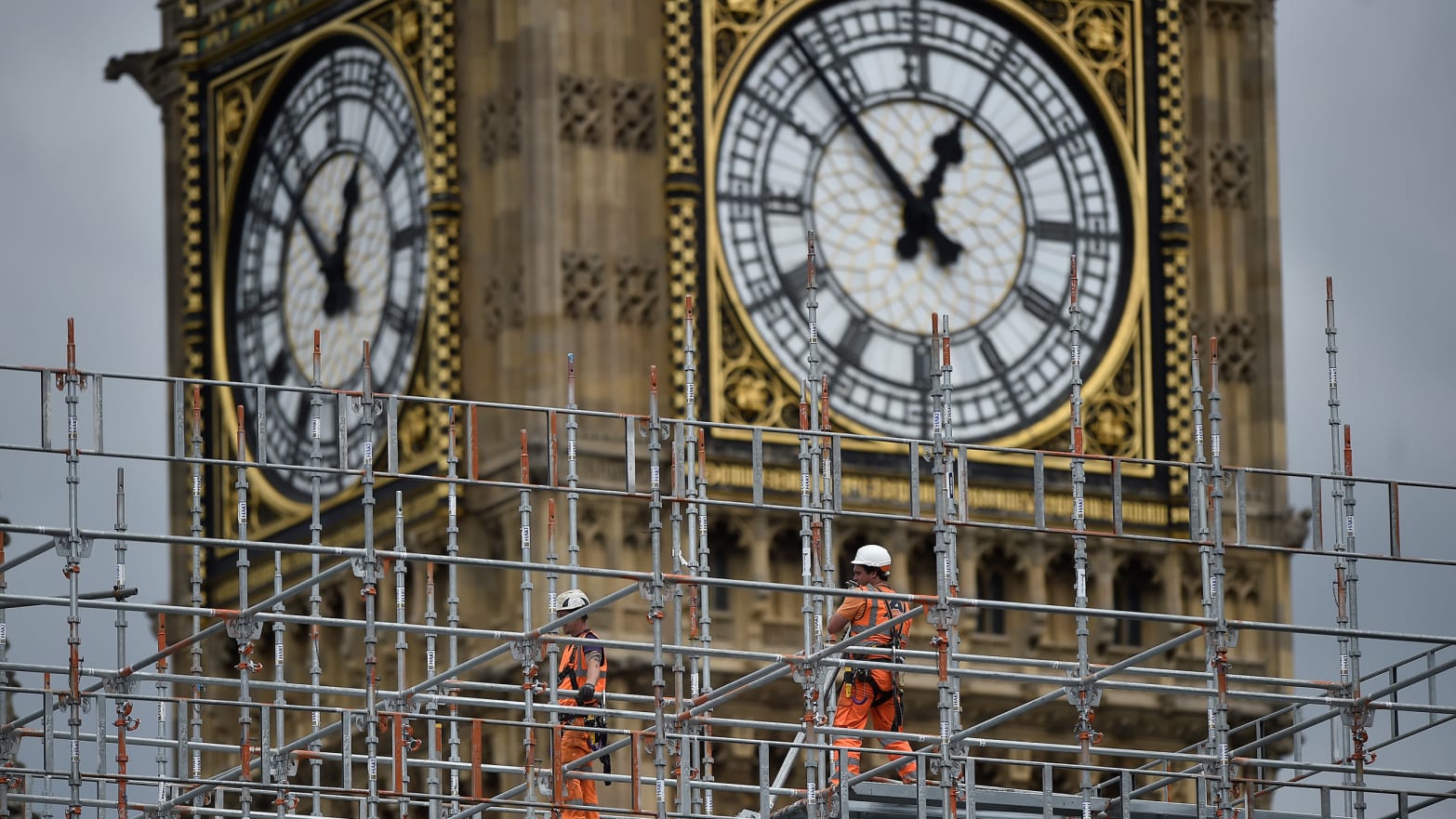 Construction work is carried out on the Elizabeth Tower, commonly known as Big Ben, in London.