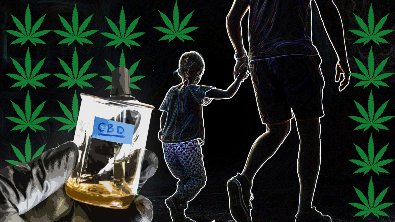 silhouette image of an adult leading a child by the hand background marijuana leaves forefront closeup of gloved hand holding cbd oil