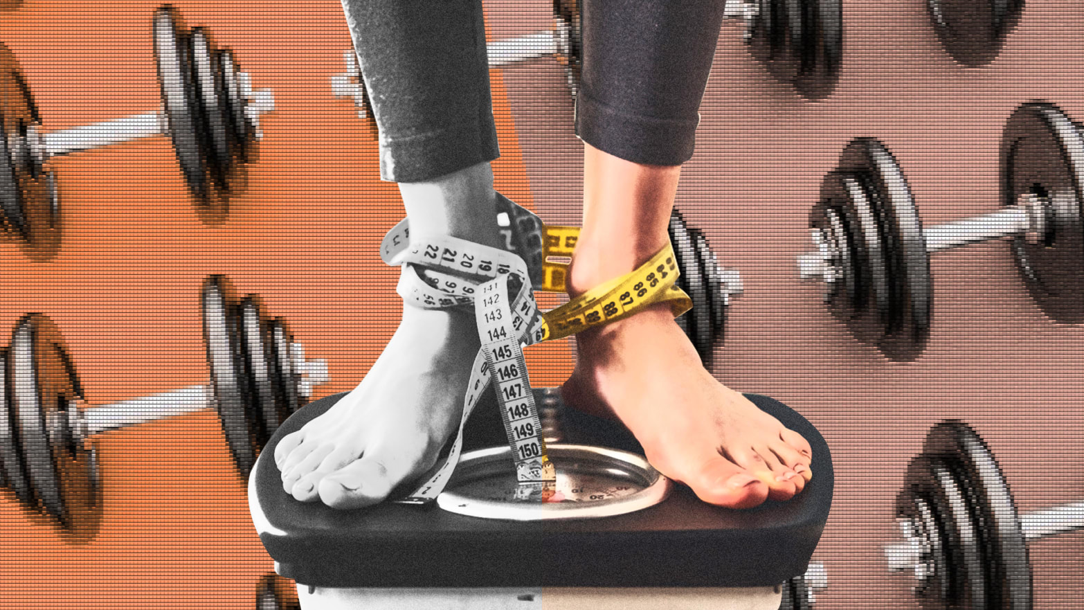 woman standing on weight machine with measuring tape wrapped around her ankles and weights in background gym body mass index bmi controversy dysmorphia