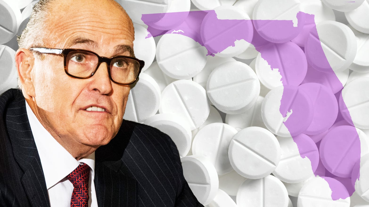 rudy giuliani portrait looking nervous in front of opioid pills behind him and lilac purple florida state map superimposed behind oxycontin purdue pharmaceutical epidemic