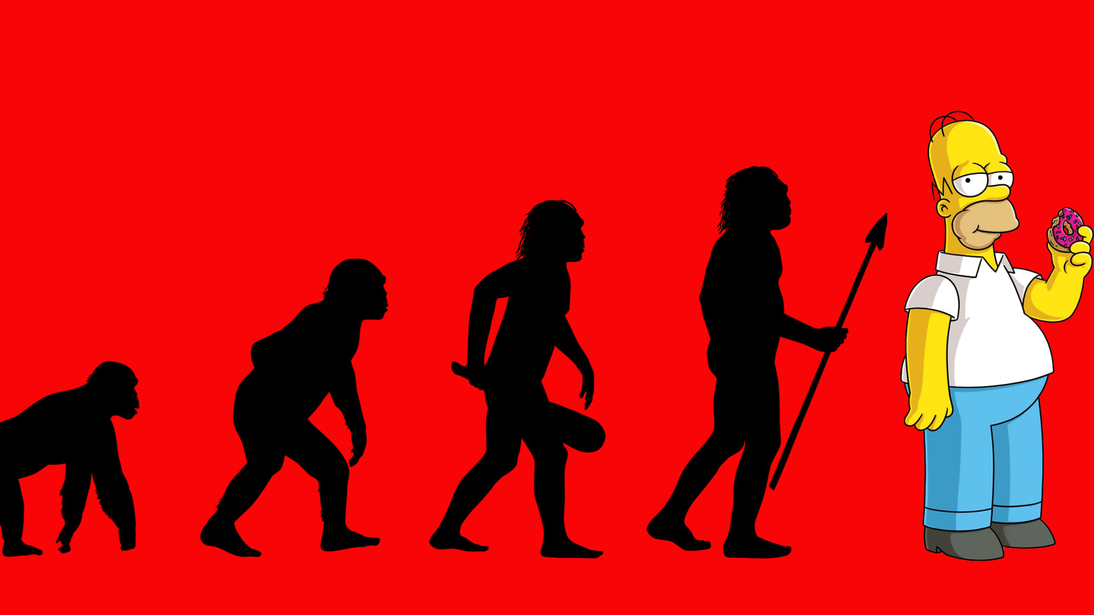 primate to human evolution image with homer simpson eating a donut at the end instead of human with red background vybarr cregan-reid cregan reid primate change anthropocene era sedentary lifestyle killing us