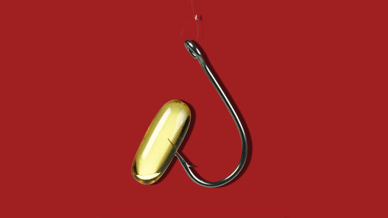 red background vascepa fish oil pill with a hook line and sinker