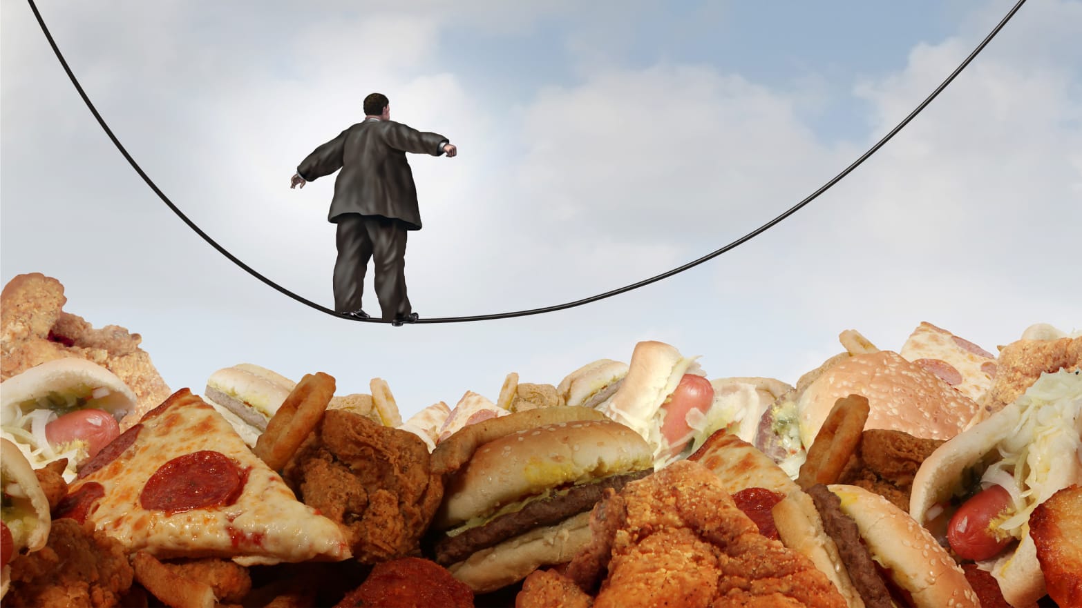 image of overweight man in a suit walking a tightrope over fast food like pizza onion rings chicken nuggets fried hamburgers obesity obese cancer gallbladder baby boomer