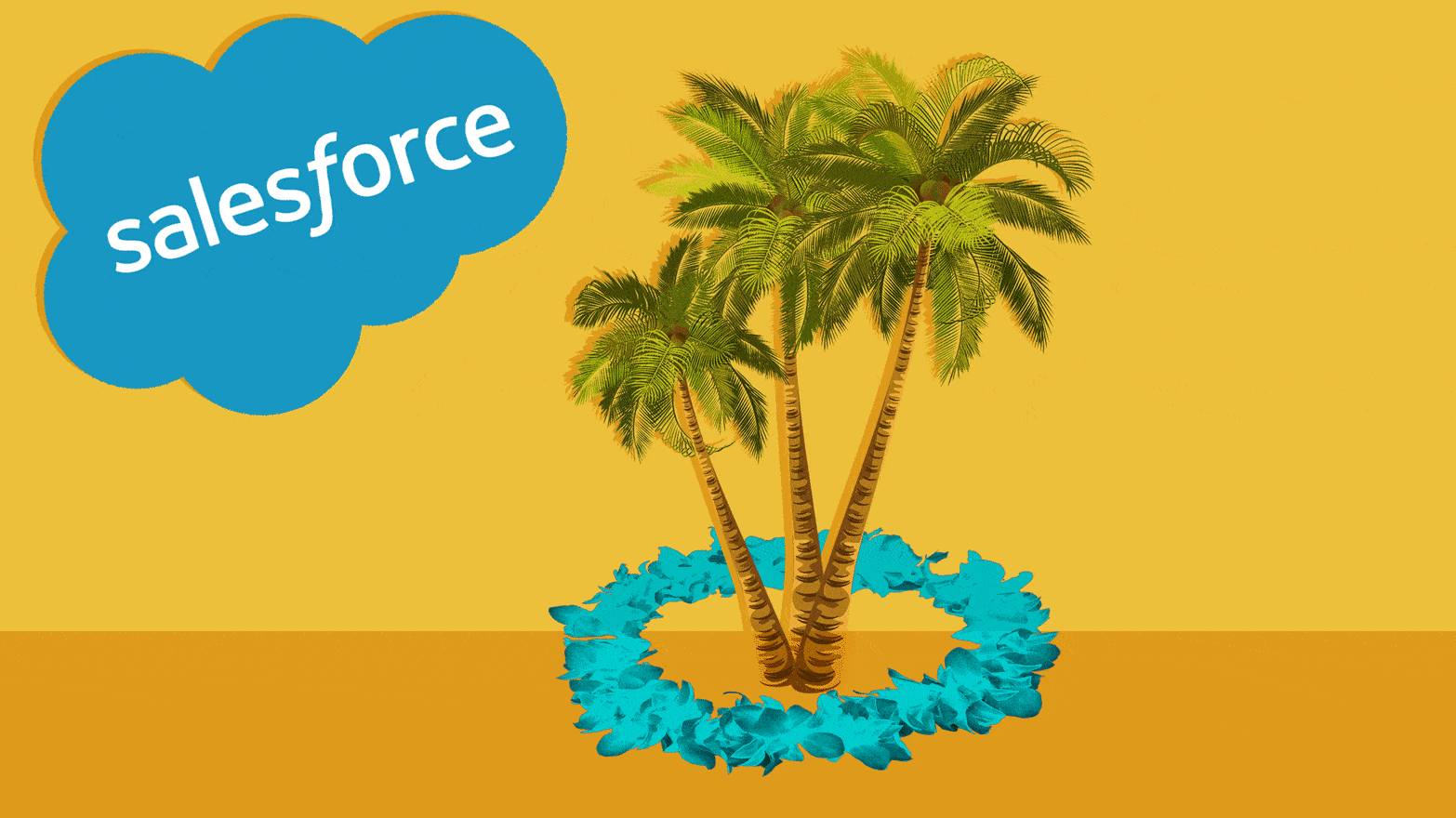 Illustration of a palm tree being lassoed by a lei, with a "Salesforce" logo in background