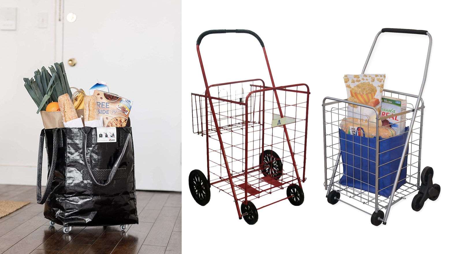 Carries Up To 66 lb Lightweight HULKEN - Folds Flat Grocery Bag On Wheels 5 Unbreakable Handles Shopping Trolley Bundle of Medium+Large+Free Covers Included, Gold 