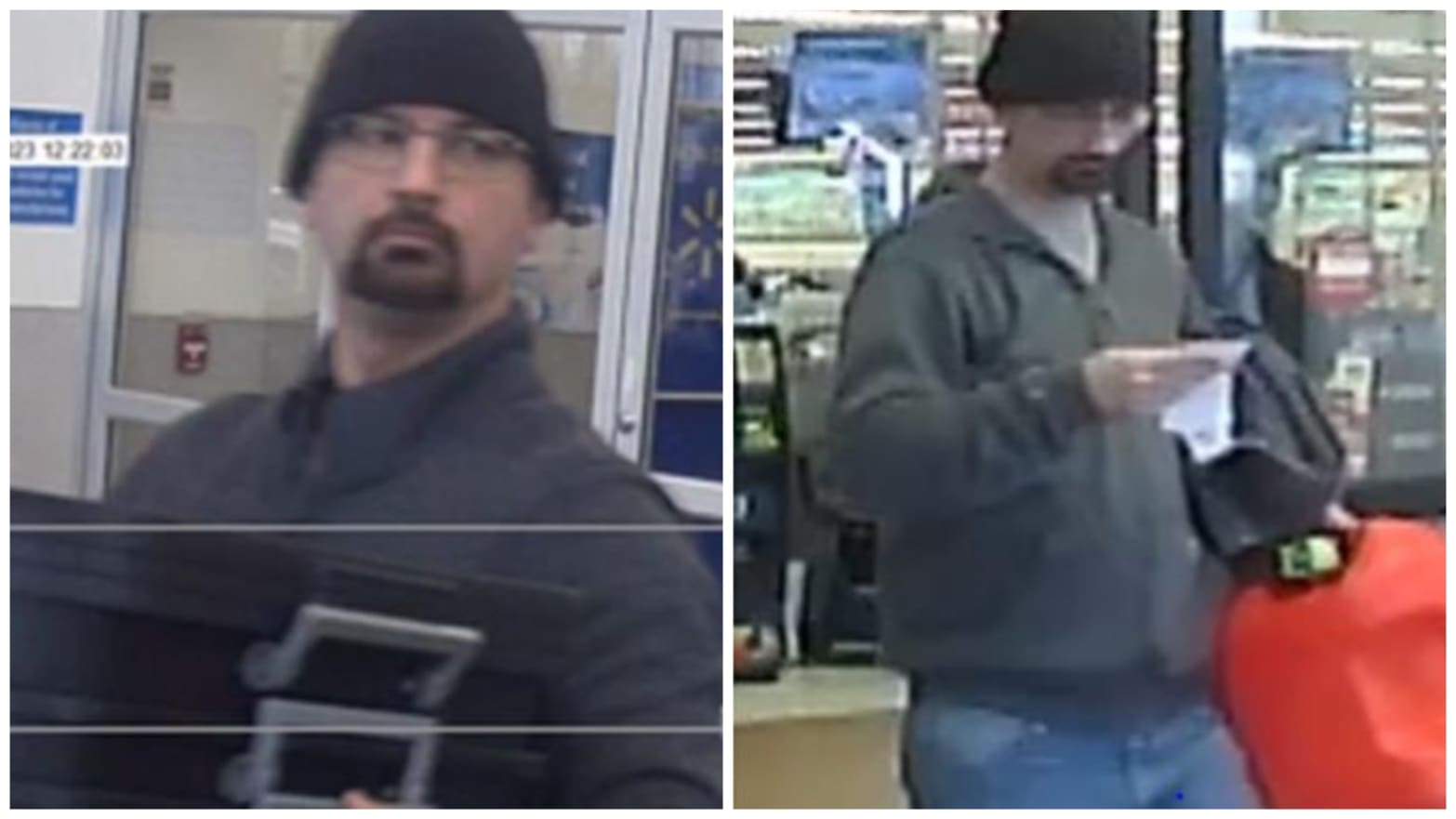Side-by-side photos of Michael Avery, taken from security footage at a gas station.