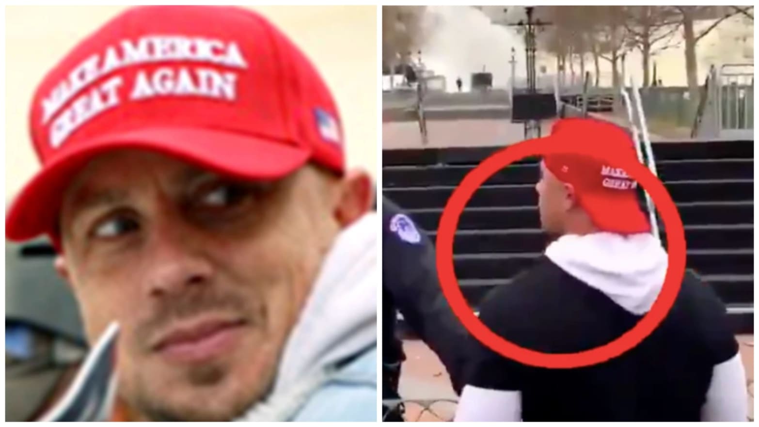 Side-by-side photos of Ryan Samsel during the Jan. 6 attack at the U.S. Capitol.