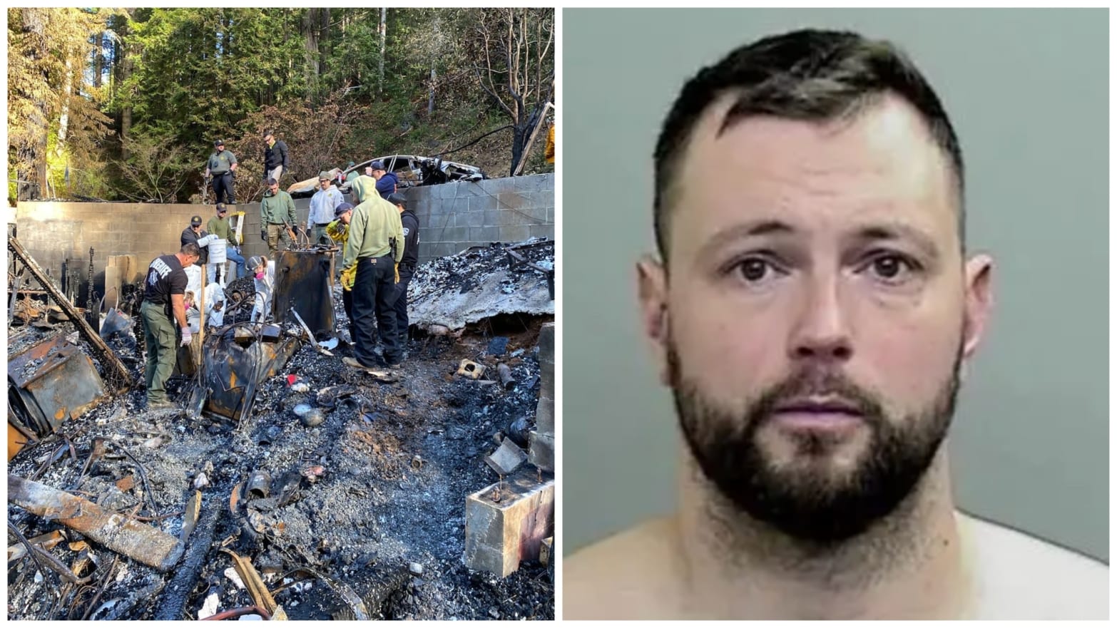 Side-by-side photos a burned home and a mugshot of Fletcher Pinkham.