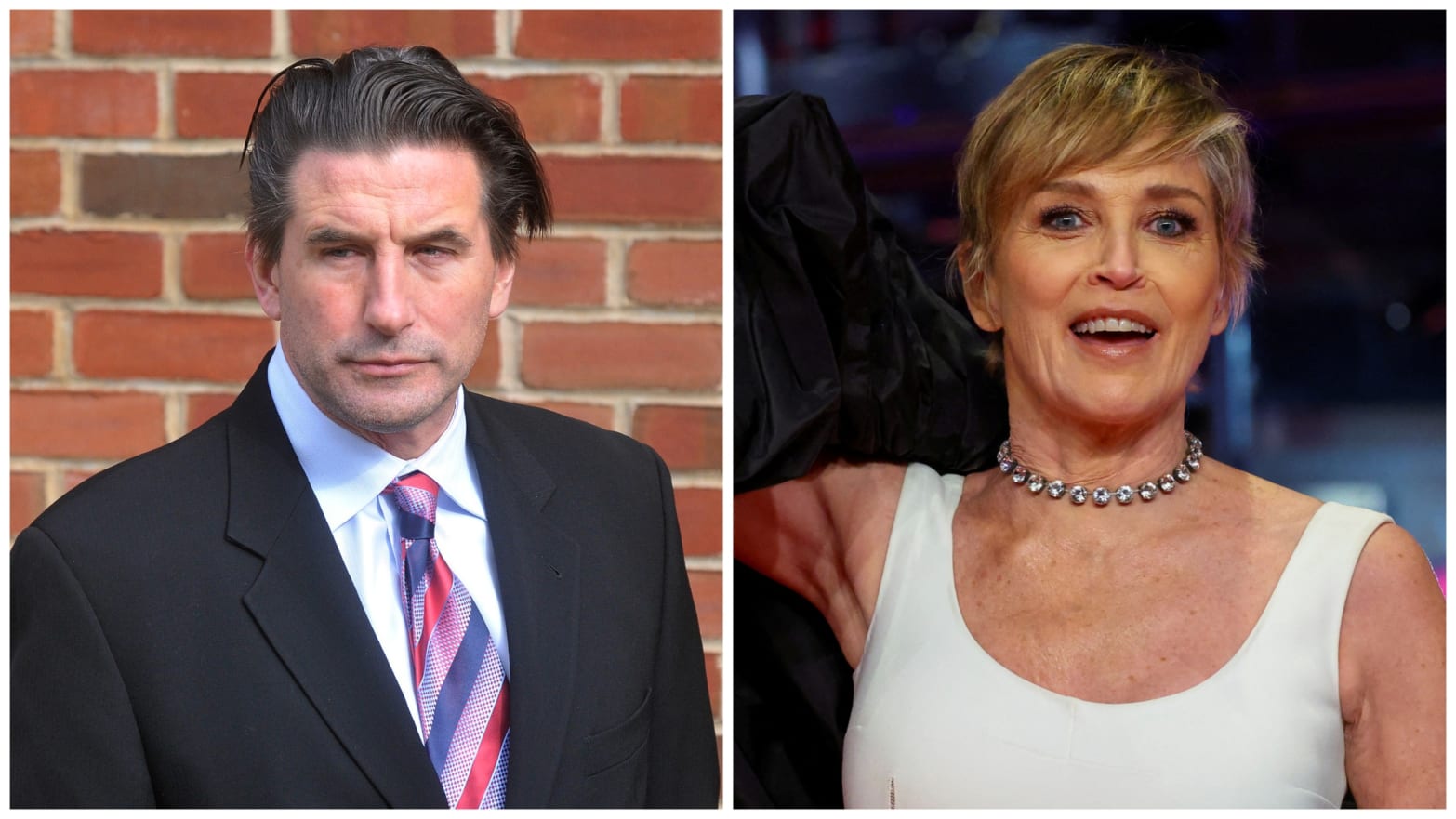 Side-by-side photos of Billy Baldwin, left, and Sharon Stone, right.