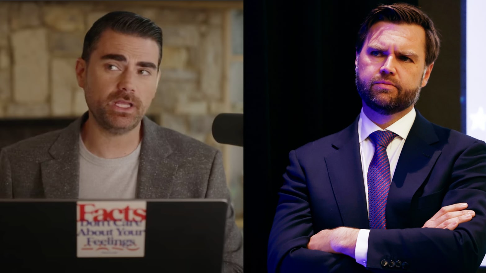 Ben Shapiro on The Daily Wire's The Ben Shapiro Show and JD Vance listening during the Faith & Freedom Coalition’s "God & Country Breakfast" at the Pfister Hotel, on July 18, 2024 in Milwaukee, Wisconsin. 