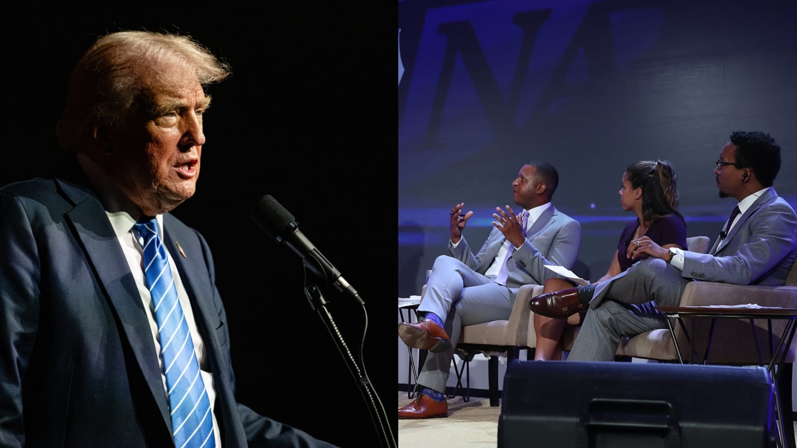 Former President and 2024 Republican presidential candidate Donald Trump (left) gives a keynote speech on the third day of the Bitcoin 2024 conference, and members of NABJ speak to presidential candidates on August 08, 2019 in Miami, Florida.