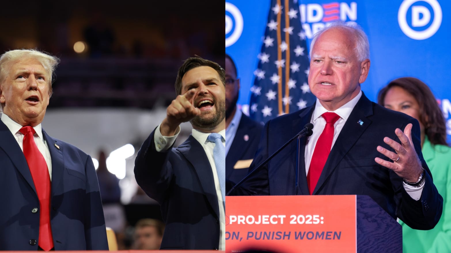  Republican presidential candidate, former U.S. President Donald Trump (L) and Republican vice presidential candidate, U.S. Sen. J.D. Vance (R-OH) at the Republican National Convention and Minnesota Gov. Tim Walz speaks at a press conference.