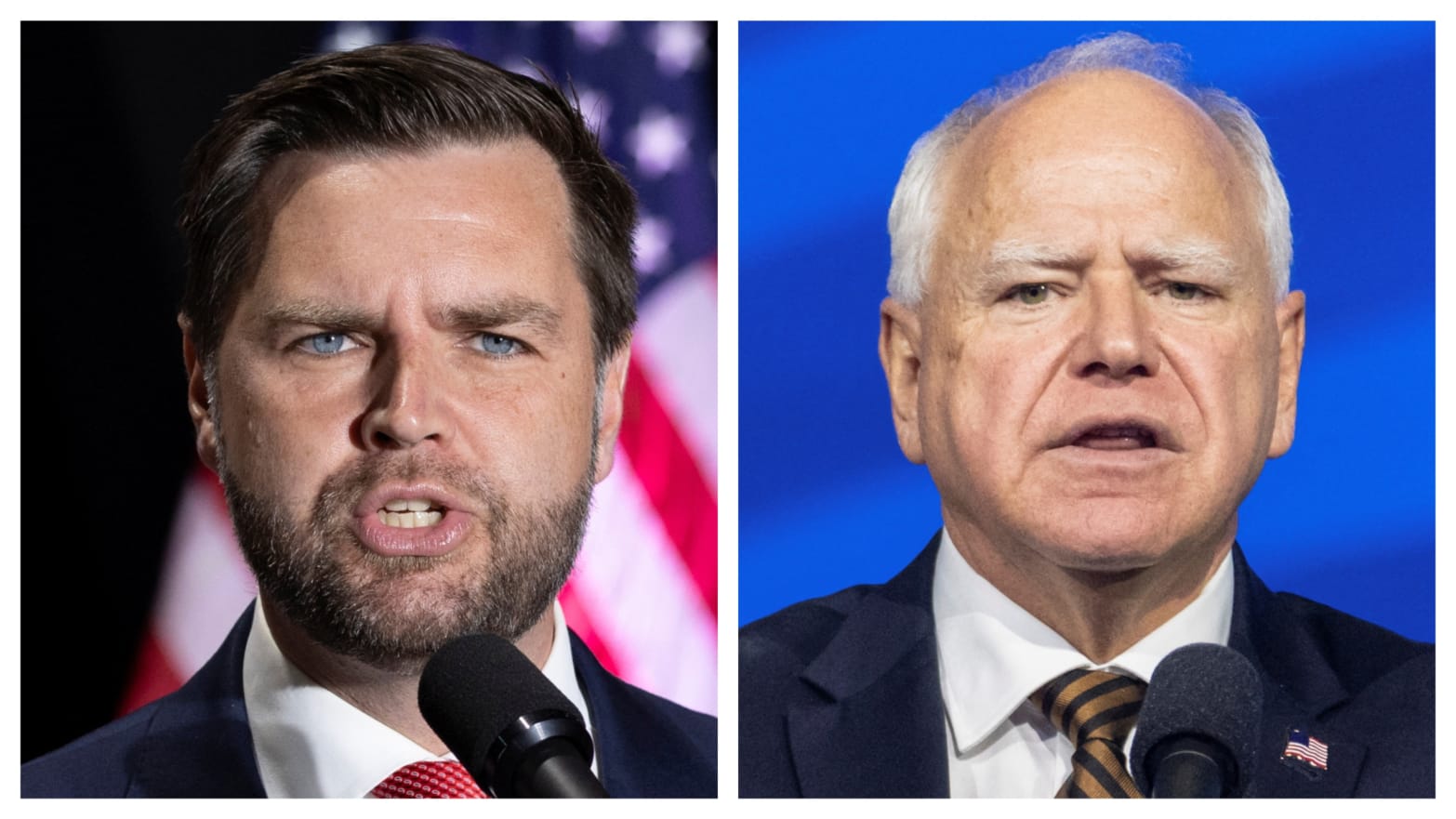 Side-by-side photos of JD Vance and Tim Walz.