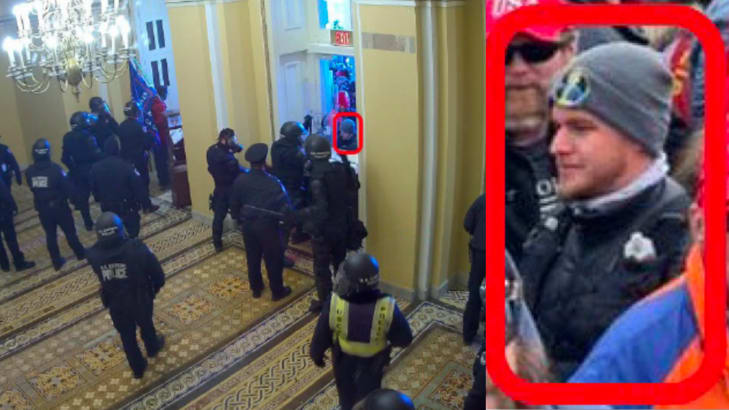 A photo collage of David Daniel seen on January 6th at the U.S. Capitol, wearing a grey “Vault Boy” beanie.