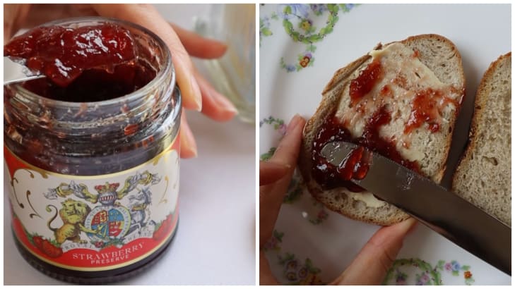 Side-by-side photos of Buckingham Palace’s strawberry jam advertisement.