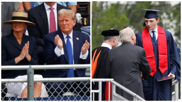 Side-by-side photos that Melania and Donald Trump attending their son Barron’s graduation.