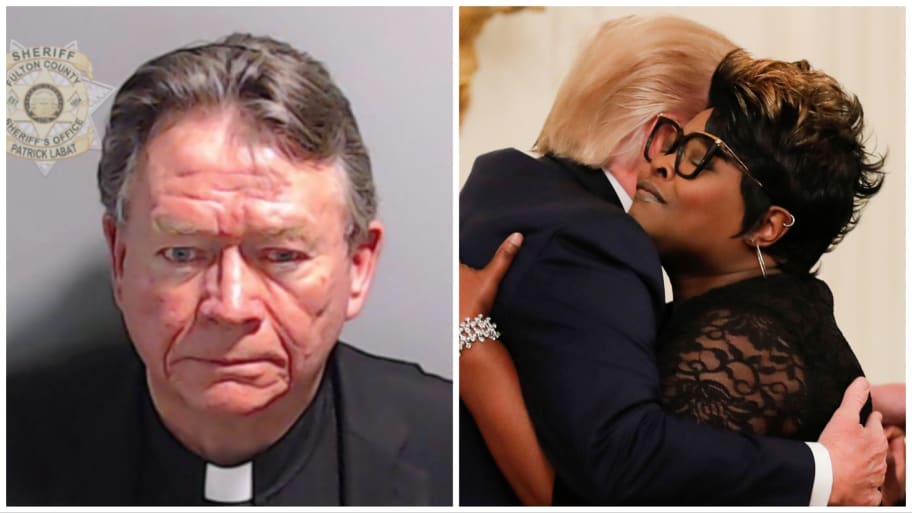 Side-by-side photos of a mugshot of Stephen Cliffgard Lee and MAGA podcaster Silk hugging Donald Trump.