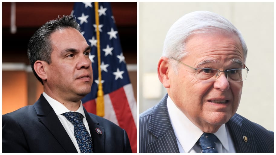 U.S. Rep. Pete Aguilar listens as Rep. Katherine Clark (D-MA) (not pictured) speaks at House Leadership news conference (L).U.S. Senator Robert Menendez, Democrat of New Jersey, arrives at Federal Court for a hearing on bribery charges (R).