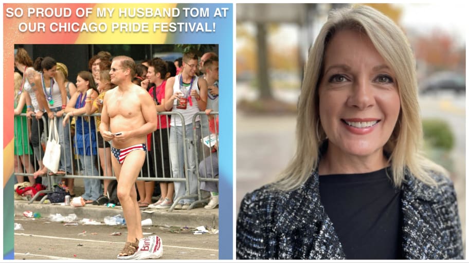 Side-to-side photos of Tom Hanson wearing an American flag Speedo and his wife, Gabrielle Hanson, smiling in a headshot.