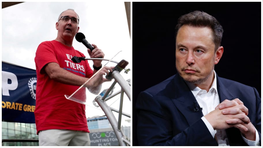 Shawn Fain addresses the audience during a rally (L). Elon Musk attends the Viva Technology conference (R).