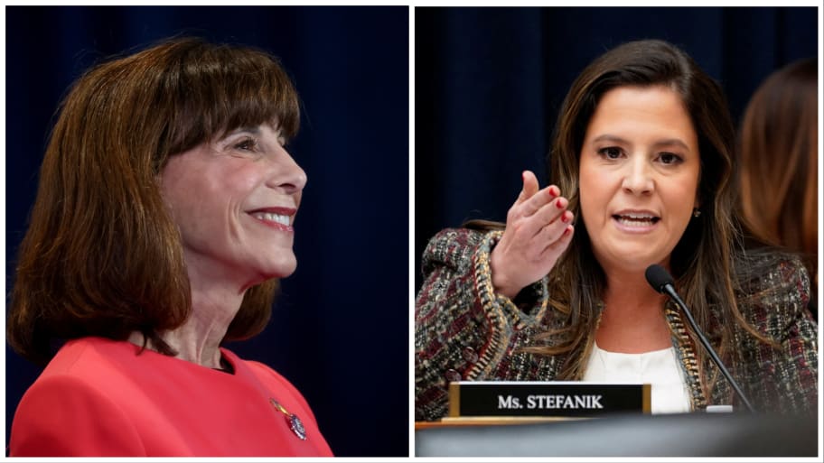 Kathy Manning (D-NC) reacts during U.S. President Joe Biden's visit to North Carolina Agricultural and Technical State University (L). Elise Stefanik (R-NY) speaks during a House Education and The Workforce Committee hearing (R).