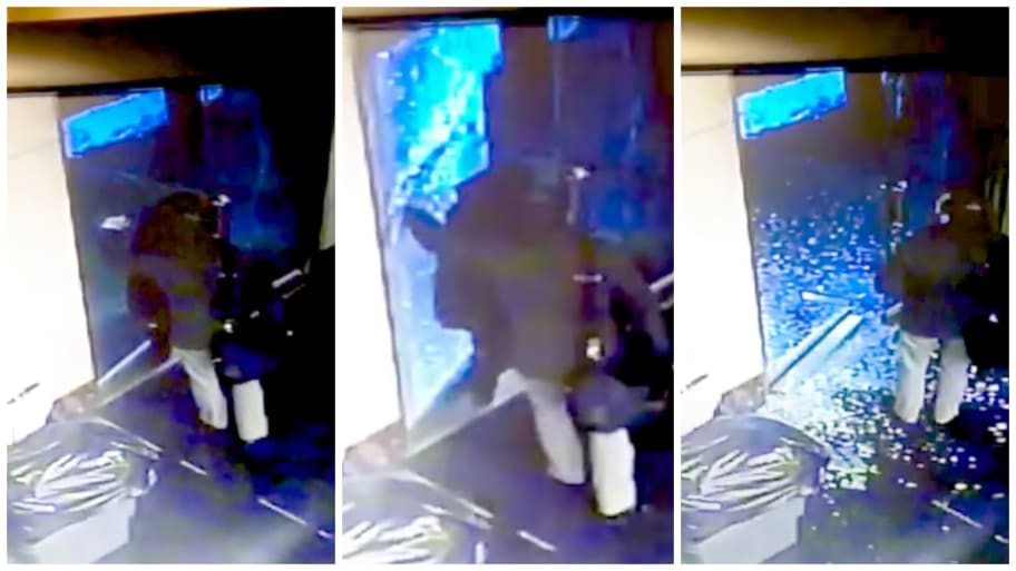 Side-by-side photos shows how glass shattered on a woman in a doorway.
