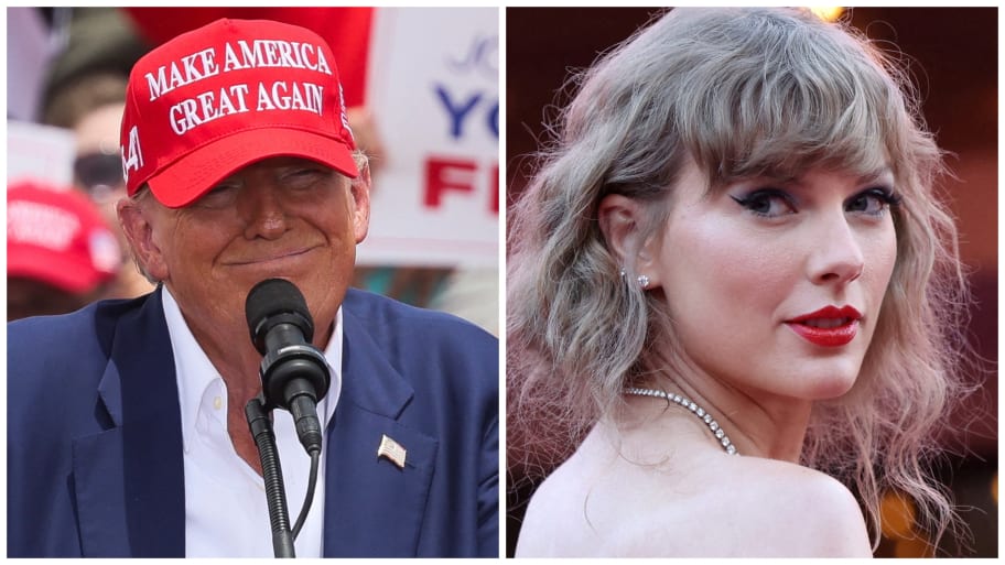 Side-by-side photos of Donald Trump smiling on stage at a campaign event and Taylor Swift posing outside an event.
