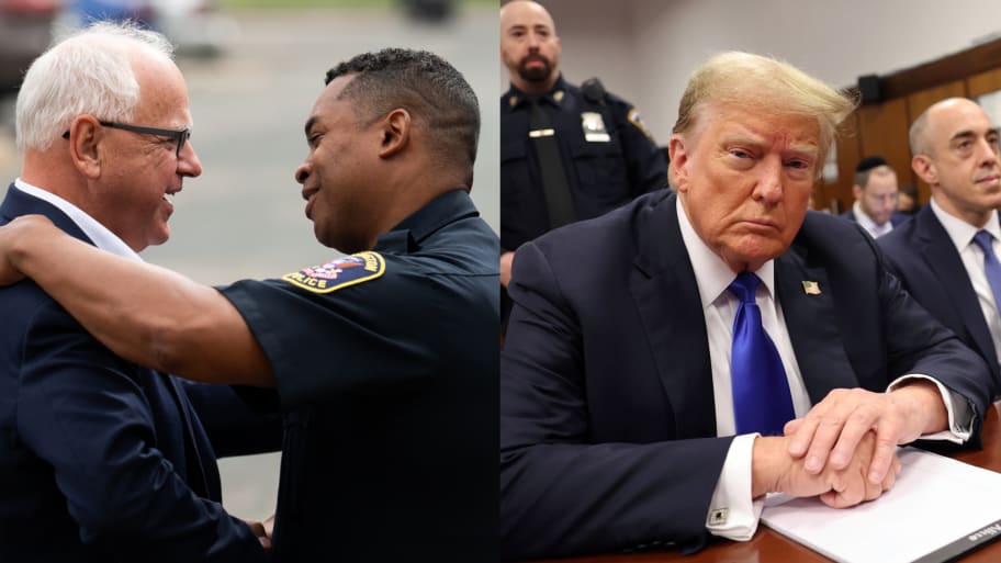 Minnesota Governor Tim Walz (L) greets Bloomington Police Chief Booker Hodges (R) before a press conference and Donald Trump sits in the courtroom during his hush money trial at Manhattan Criminal Court on May 30, 2024 in New York City. 