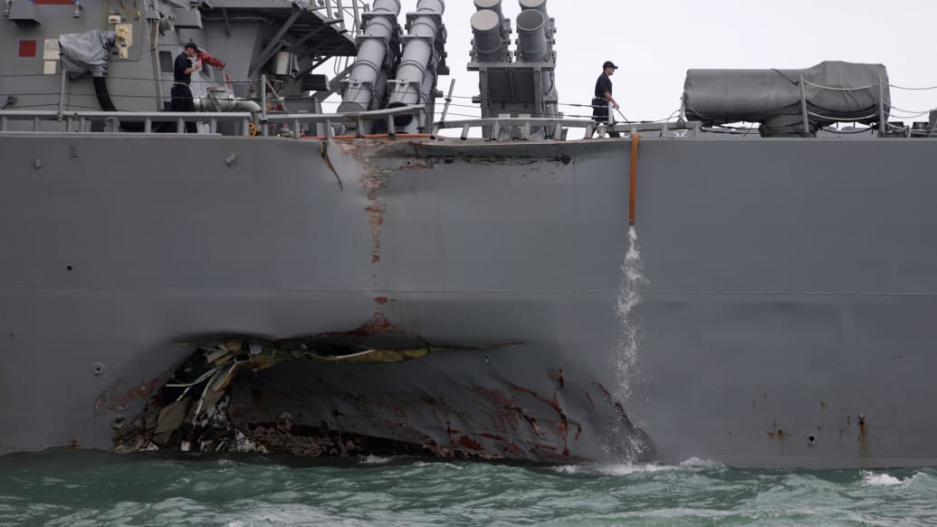 The U.S. Navy guided-missile destroyer USS John S. McCain is seen after a collision, in Singapore waters August 21, 2017.