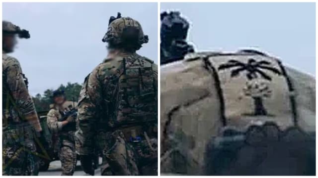Side-by-side photos of National Guard soldiers standing together, left, and of a patch resembling Nazi imagery, right.
