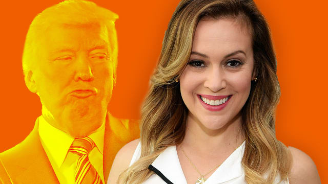 Illustration of Donald Trump behind Alyssa Milano