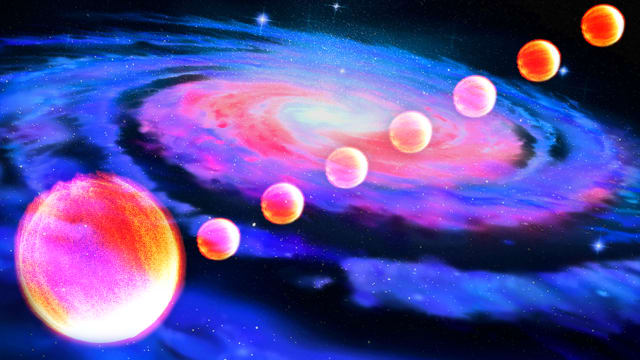 illustration of eight pinkish stars swirling in a milky way galaxy