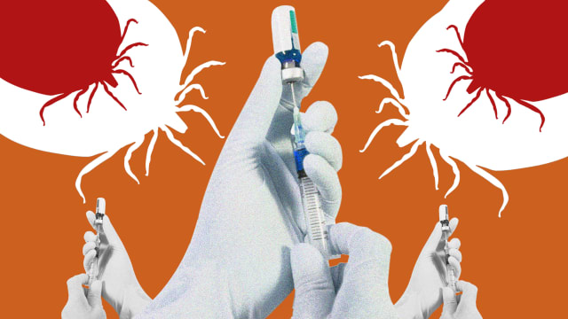 three disembodied gloved white hands holding syringes, with silhouettes of ticks crawling in the upper corners