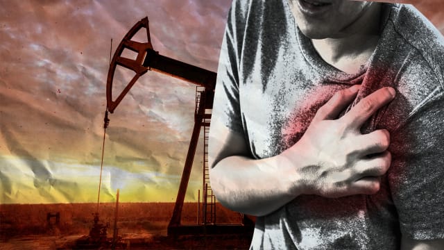 image of man holding clutching chest oil energy drill behind fracking heart disease attack microbe plaque environment movement