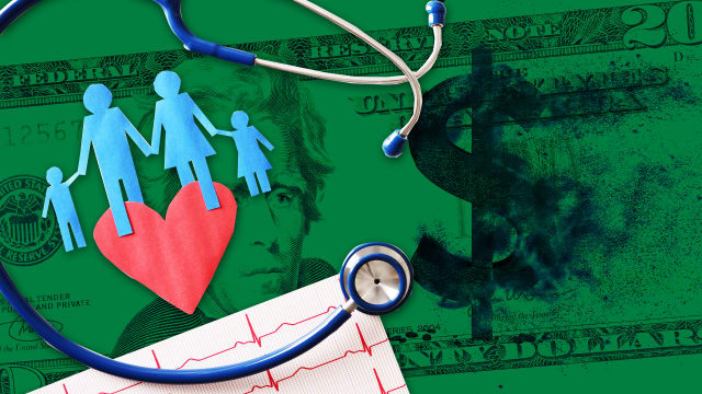 green dollar bill background with blue paper cutout family holding red heart and stethoscope and heart beats in foreground home visiting visit chicago primo center