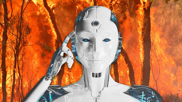 image of white robot with blue eyes with index finger pointed to head and background of california wildfires forest in full blaze