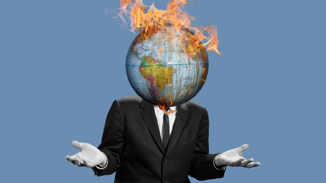image of black and white man in a suit and tie with hands out in i don't know gesture and globe on fire instead of head epa environmental protection agency what report haven't heard of it ipcc united nations un