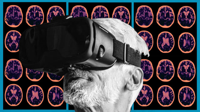 image of elderly person wearing virtual reality vr headset with brain scans behind in pink alzheimer scan virtue uk rehman gorman
