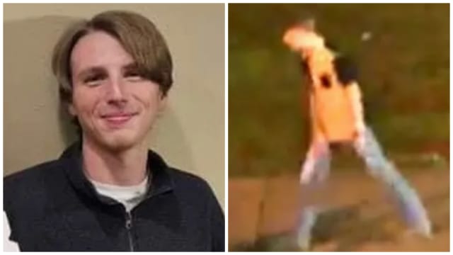 Side-by-side photos of Riley Strain—smiling in one, and walking in security footage in the second.