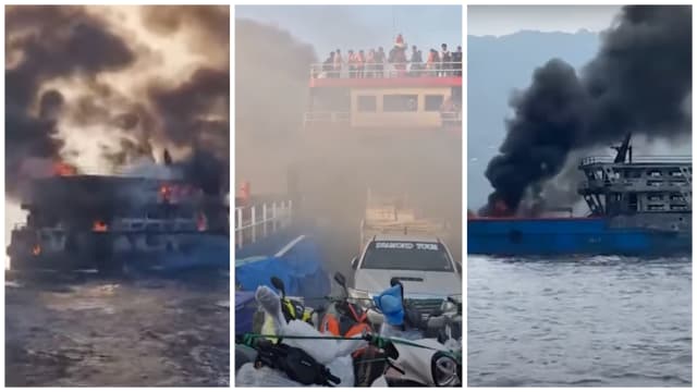 Side-by-side photos of a ferry on fire in Thailand.
