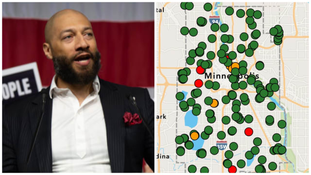 Side-by-side photos of Royce White speaking on stage and a map of water fountains in Minneapolis.