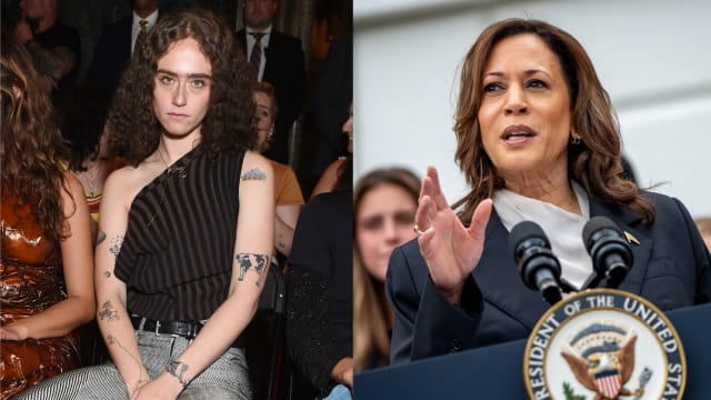 Ella Emhoff at Eckhaus Latta Spring 2024 Ready To Wear Runway Show on September 9, 2023 in New York, New York and U.S. Vice President Kamala Harris speaks during an NCAA championship teams celebration on the South Lawn of the White House on July 22, 2024.